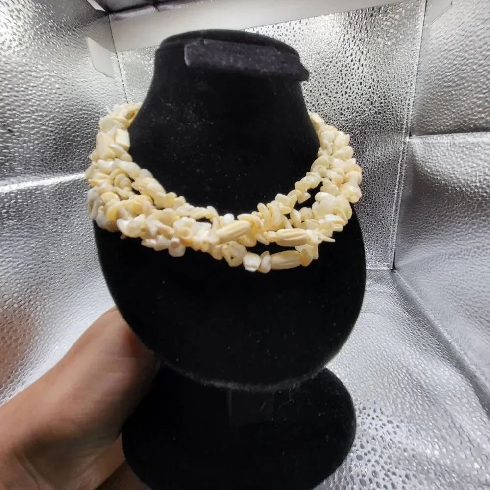Stunning 4 Strand Vintage Shell and Carved Bone Collar Necklace